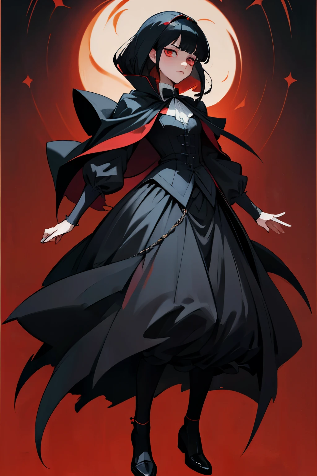 anime female character, black hair, bangs, red eyes, vest, black cloak, full body shot, pose, elegant, bangs, ouji fashion, "Black Butler" inspired outfit., anime, Gothic art, masterpiece, anatomically correct, accurate, high details, highres, 4K