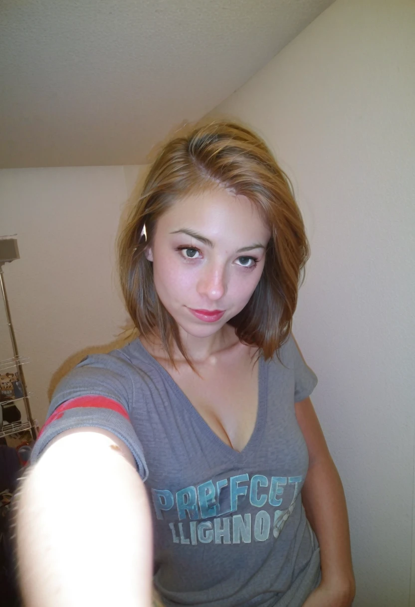 a woman wearing a v-neck shirt, bella sexy, perfect lighting, selfie random