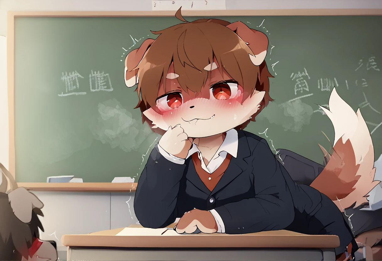 A male cat with light black fur with red colour eyes, with body trembling and Satisfied face with small cock are fuck by classmate furry in the school 