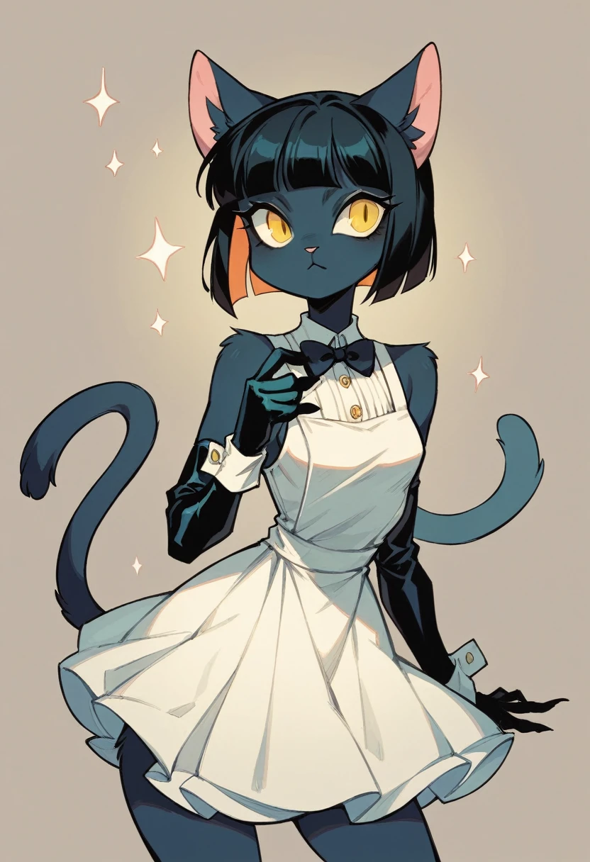 Solo female anthro , furry, tuxedo cat, black bob cut hair, , yellow eyes, 1920's fashion, flapper girl,Gathered front, long gloves, 2 feathers strappy shaped mini dress