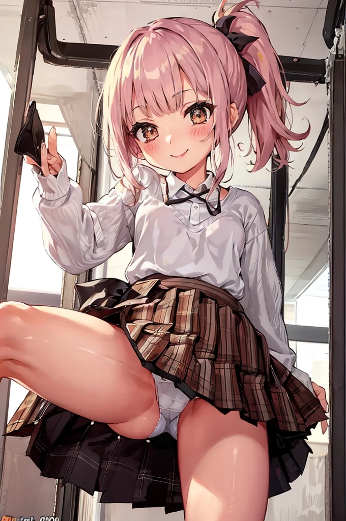 1girl,,neck ribbon loose socks,miniskirt,classroom,,small breasts,smile,(((gyaru))),ponytail,open legs,spread legs,panties