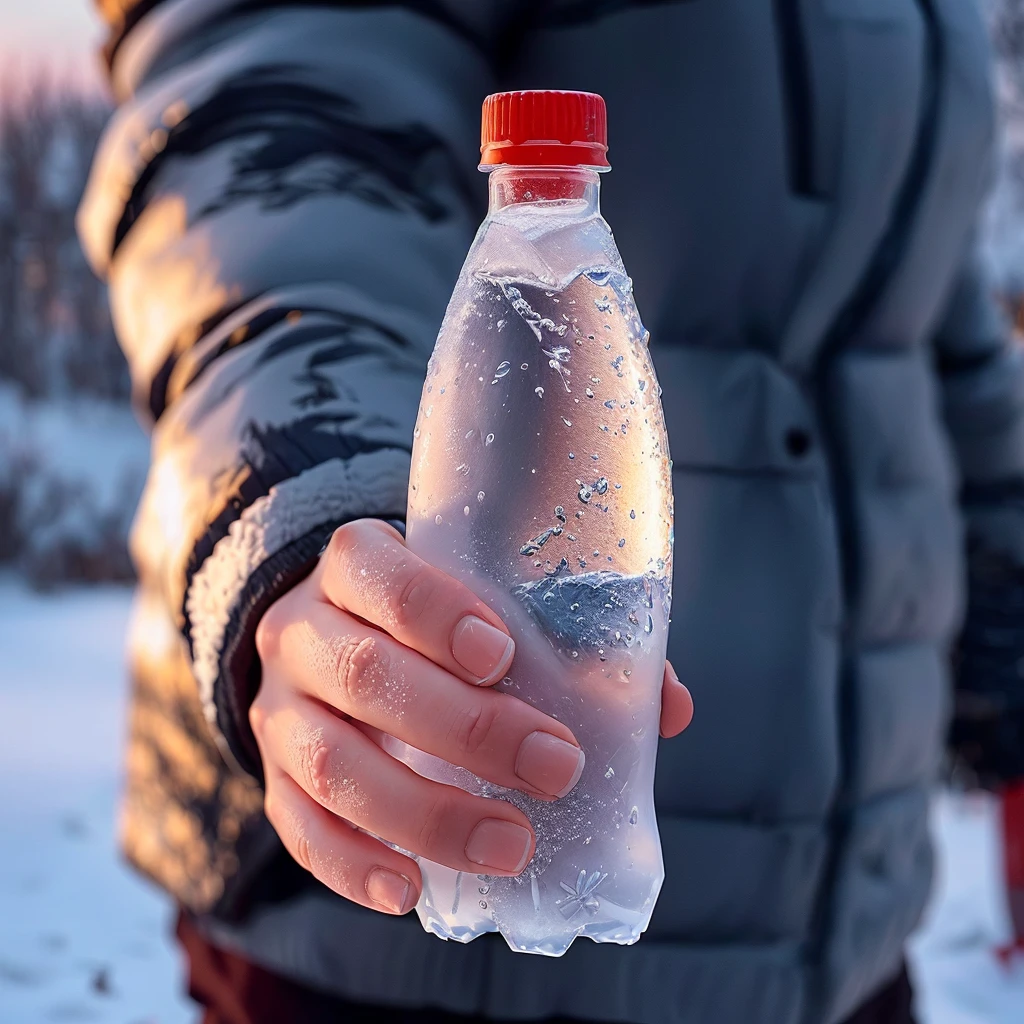 someone holding a botella of agua in their hand in the snow, holding a botella, frío as ice! 🧊, botella, holding a botella of arak, hidratación, sosteniendo matraz en mano, por Jakob Gauermann, por Jan Rustem, sparkling agua, agua, filled with agua, frío, congelación, por Aleksander Gierymski, contraventana