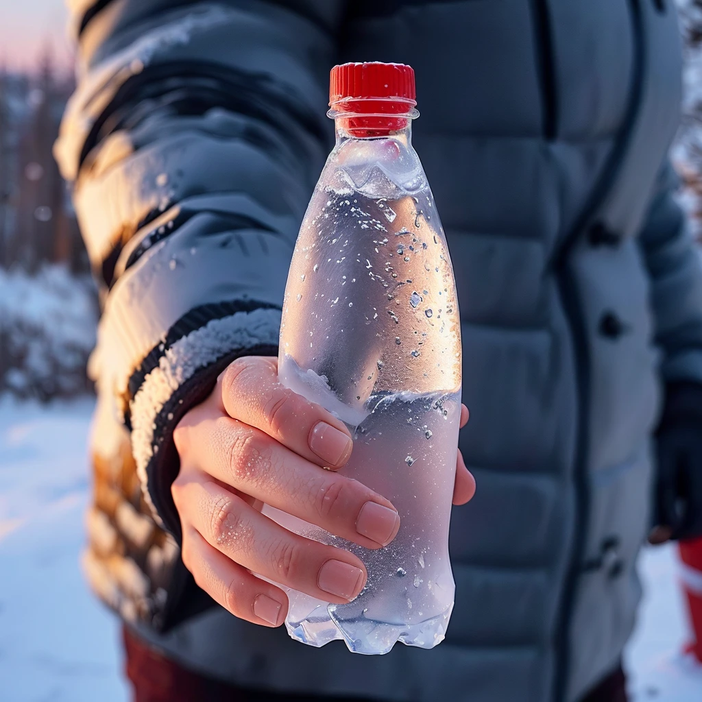 someone holding a botella of agua in their hand in the snow, holding a botella, frío as ice! 🧊, botella, holding a botella of arak, hidratación, sosteniendo matraz en mano, por Jakob Gauermann, por Jan Rustem, sparkling agua, agua, filled with agua, frío, congelación, por Aleksander Gierymski, contraventana