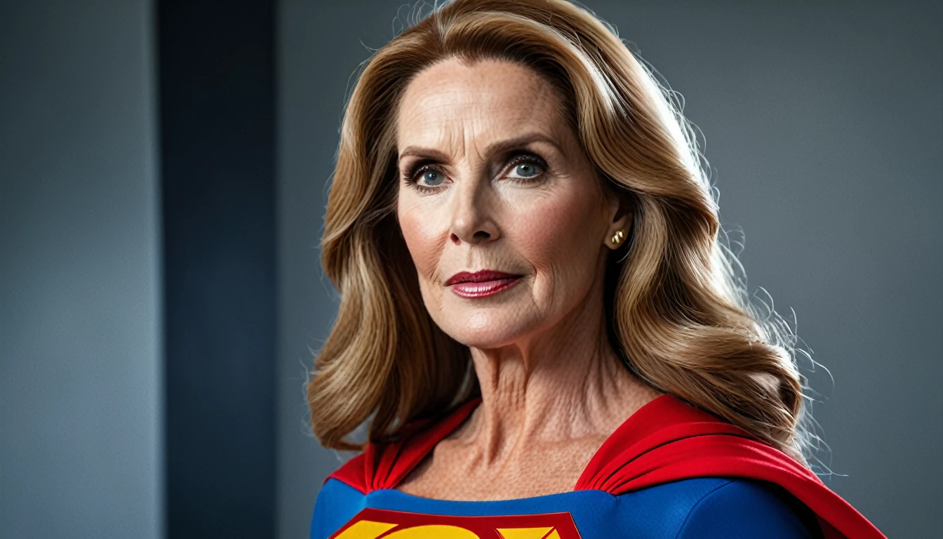 old Julie Hagerty Superwoman; HD. Photograph, ((realism)), extremely high quality RAW photograph, ultra detailed photograph, sharp focus, high resolution, (detailed skin:1,3),high quality, film grain, Fujifilm XT3,Highly Detailed, movie, (Cinematic Photo:1.3) of (Realistic:1.3)