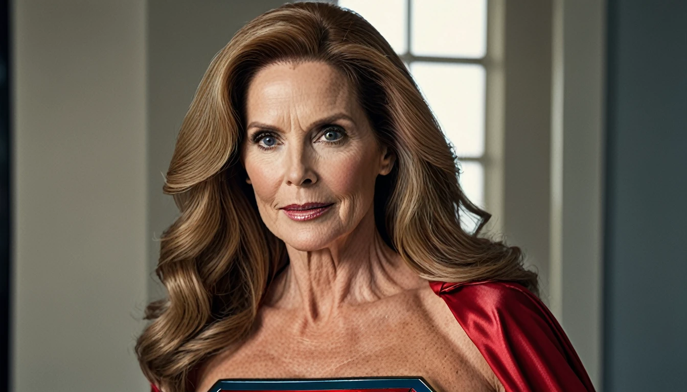 old Julie Hagerty Superwoman; HD. Photograph, ((realism)), extremely high quality RAW photograph, ultra detailed photograph, sharp focus, high resolution, (detailed skin:1,3),high quality, film grain, Fujifilm XT3,Highly Detailed, movie, (Cinematic Photo:1.3) of (Realistic:1.3)