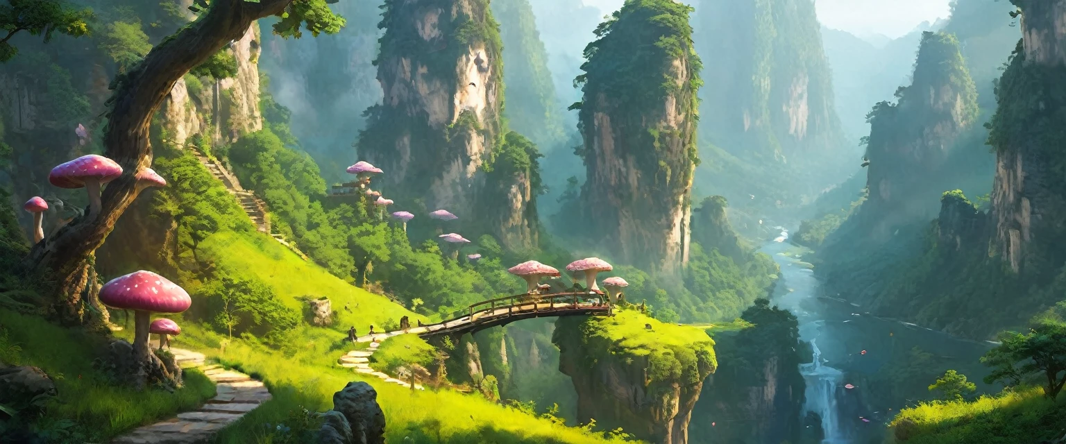 tmasterpiece，Best quality at best，high high quality，the Extremely Detailed CG Unity 8K Wallpapers，A charming dream scene in Zhangjiajie，towering trees，Glowing mushrooms and hidden fairy canyons，Creates a mysterious and captivating feeling，artstation，digital illustrations，complex，Uptrend，pastel colour，oil painted，award winning photography，bokeh，depth of fields，HDR，blooms，color difference，Reality，The is very detailed，ArtStation Trends，CGSociety trends，complex，high detal，dramaticidjourney Art