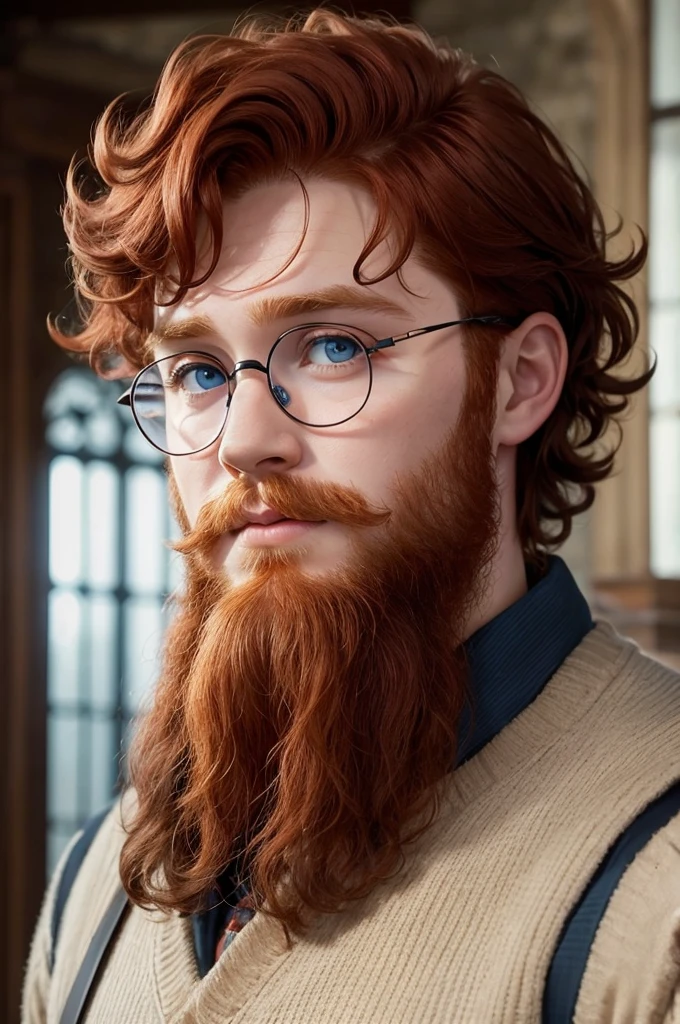 Harry potter ,blue-eyed redhead with short curly red beard  , and glasses , curly and chubby hair 
