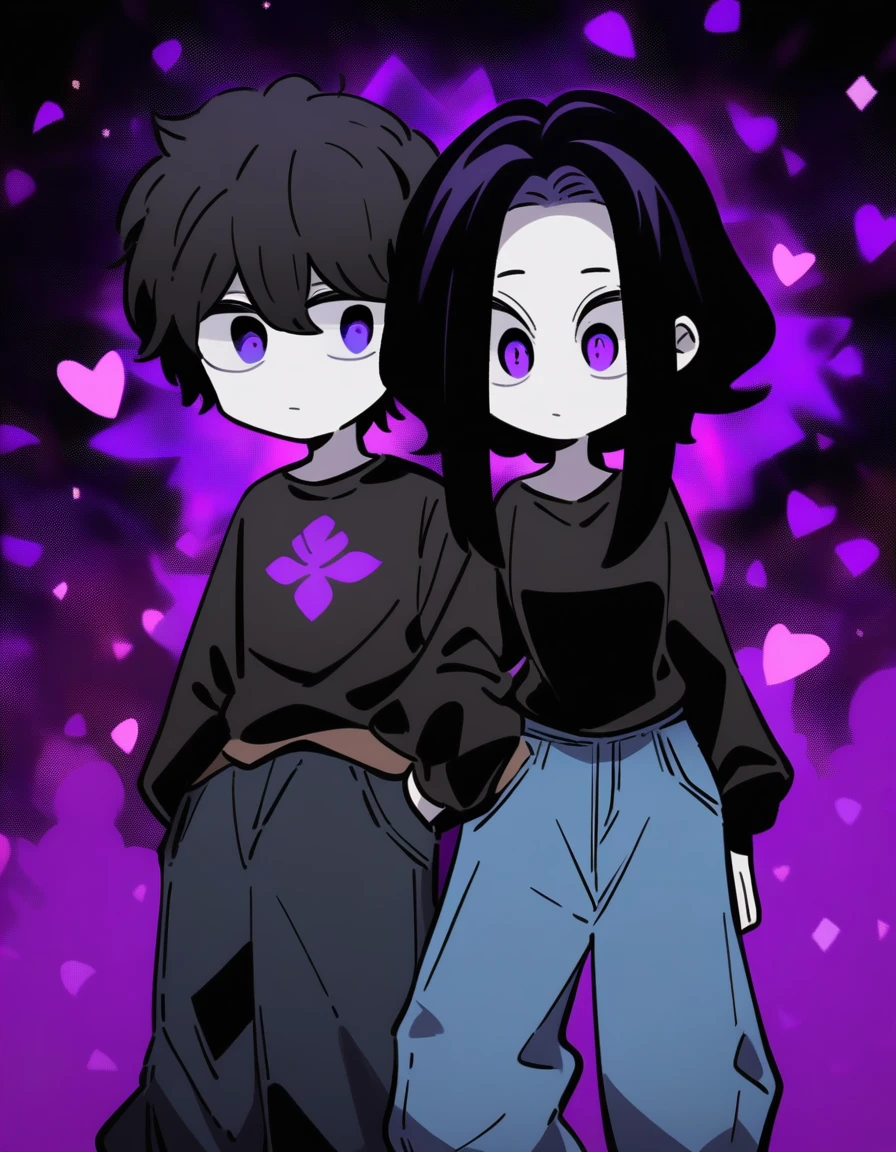  girl, with long black hair and pale skin, he has one her eyes blue, and the other one purple. She is wearing a black body and baggy jeans, the image is in MHA style