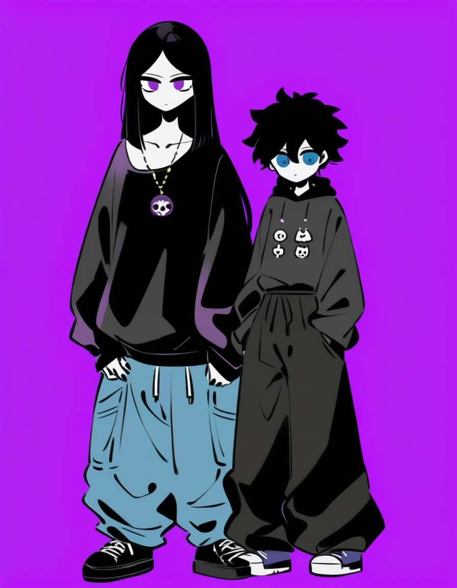  girl, with long black hair and pale skin, he has one her eyes blue, and the other one purple. She is wearing a black body and baggy jeans, the image is in MHA style