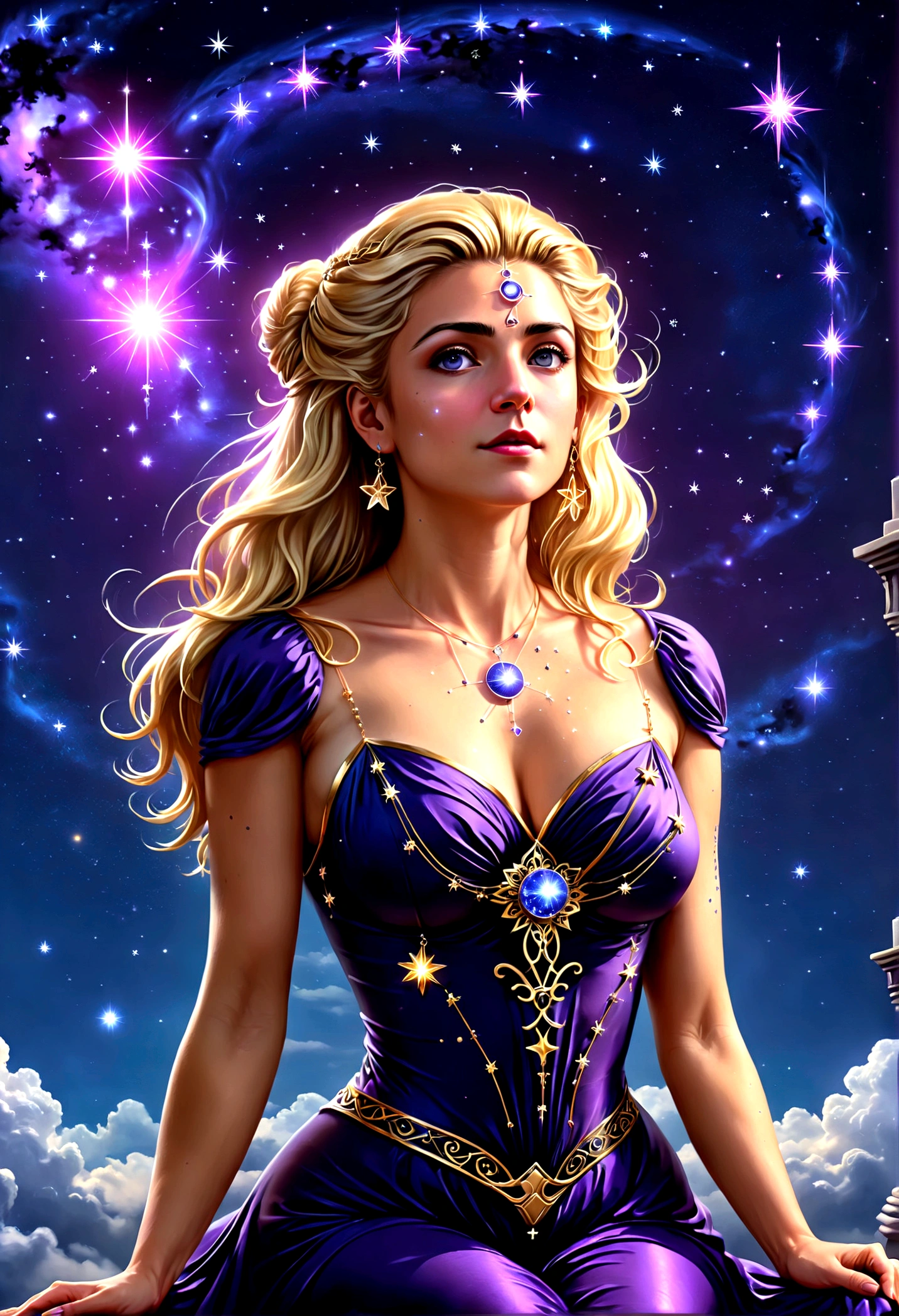 a portrait of an astrologer looking to the sky at libra constellation in the night sky, an extraordinary beautiful woman, there is magic in her eyes divining the future from the Libra constellation, blond hair, dynamic hair style, wearing an intricate dark purple dress decorated with glowing stars, she looks to the night sky seeing the ((Libra constellation in the sky: 1.5)), vibrant, Ultra-high resolution, High Contrast, (masterpiece:1.5), highest quality, Best aesthetics), best details, best quality, highres, 16k, [ultra detailed], masterpiece, best quality, (extremely detailed), Cinematic Hollywood Film, magical sky, FireMagicAI, dark novel