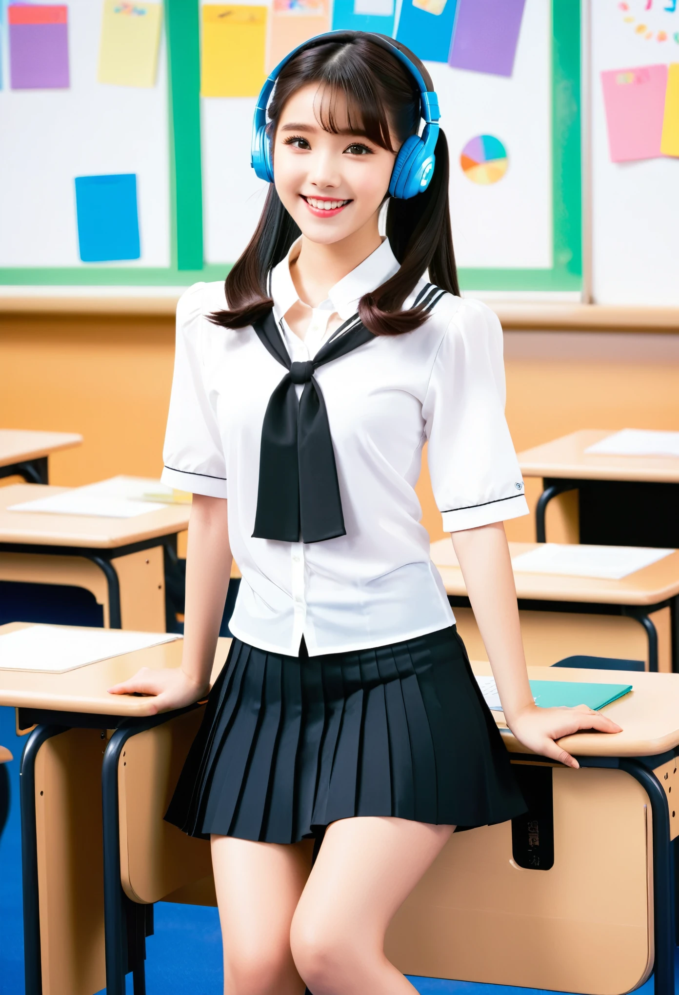 IU1, Full body photo of an Asian beauty, wearing white short sleeves and black pleated skirt, smiling happily in front of the classroom desk with her hands on top of it. She has high heels, headphones around neck, double ponytails, youthful appearance, charming eyes, fair skin tone, slender legs, soft lighting, and bright colors.