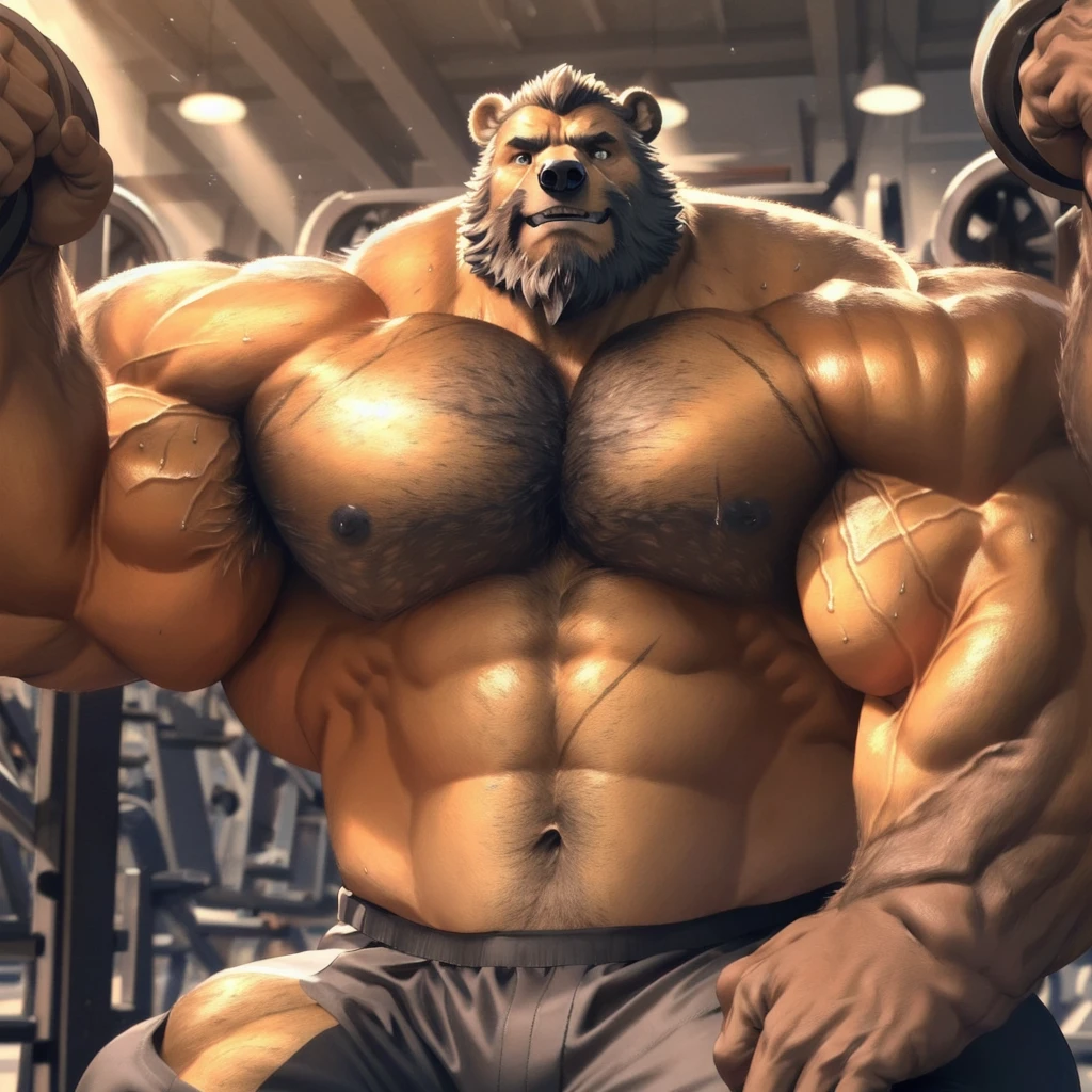 (best quality, 4k, highres, masterpiece:1.2), 1bear, 1boy, ultra-detailed, fury, furry art (realistic, photorealistic, photo-realistic:1.37), massive muscular, huge muscular, chubby Grizzly bear, working out, incline bench press, workout in the gym, pumping his huge pectoral muscles, straining, sweating, black shorts and black wristbands, lifting heaviest weight, barbells, gym equipments, brown hair, thick brown fur, super thick arms, super big pectoral, super wide hairy pectoral, topless, shirtless, eyebrows, impressive brown beard, strong jawline, kind eyes, strong arms, proud posture, well-built physique, professional lighting and backdrop, intense shadows, vibrant colors, dramatic composition, gritty texture, vintage aesthetic, dynamic perspective. Add textures and details to make the image more realistic, such as the appearance of the body built muscles texture and the appearance of the brown fur, pumping up Bench Press 500lbs raw paused x2 405x10 paused of swollen muscles