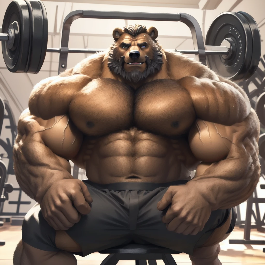 (best quality, 4k, highres, masterpiece:1.2), 1bear, 1boy, ultra-detailed, fury, furry art (realistic, photorealistic, photo-realistic:1.37), massive muscular, huge muscular, chubby Grizzly bear, working out, incline bench press, workout in the gym, pumping his huge pectoral muscles, straining, sweating, black shorts and black wristbands, lifting heaviest weight, barbells, gym equipments, brown hair, thick brown fur, super thick arms, super big pectoral, super wide hairy pectoral, topless, shirtless, eyebrows, impressive brown beard, strong jawline, kind eyes, strong arms, proud posture, well-built physique, professional lighting and backdrop, intense shadows, vibrant colors, dramatic composition, gritty texture, vintage aesthetic, dynamic perspective. Add textures and details to make the image more realistic, such as the appearance of the body built muscles texture and the appearance of the brown fur, pumping up Bench Press 500lbs raw paused x2 405x10 paused of swollen muscles