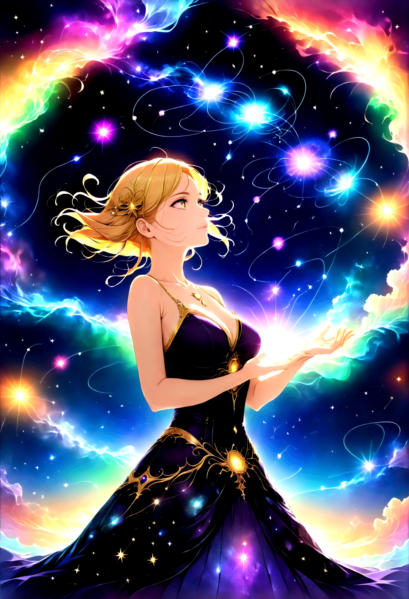 a portrait of an astrologer looking to the sky at ((libra constellation: 1.5)) in the night sky, an extraordinary beautiful woman, there is magic in her eyes divining the future from the Libra constellation, blond hair, dynamic hair style, wearing an intricate dark red dress decorated with glowing stars, she looks to the night sky seeing the ((Libra constellation in the sky: 1.5)), vibrant, Ultra-high resolution, High Contrast, (masterpiece:1.5), highest quality, Best aesthetics), best details, best quality, highres, 16k, [ultra detailed], masterpiece, best quality, (extremely detailed), Cinematic Hollywood Film, magical sky, FireMagicAI, dark novel