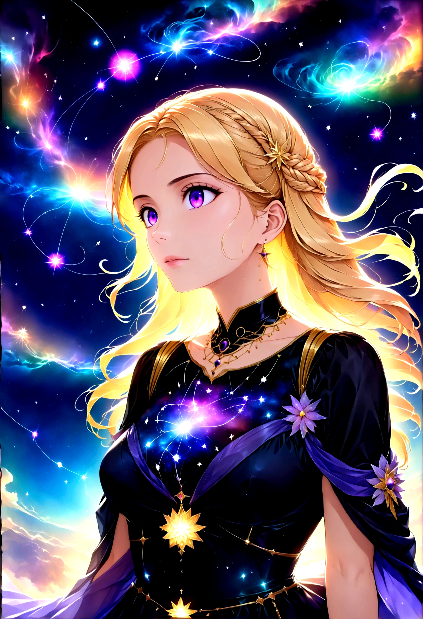 a portrait of an astrologer looking to the sky at libra constellation in the night sky, an extraordinary beautiful woman, there is magic in her eyes divining the future from the Libra constellation, blond hair, dynamic hair style, wearing an intricate dark purple dress decorated with glowing stars, she looks to the night sky seeing the ((Libra constellation in the sky: 1.5)), vibrant, Ultra-high resolution, High Contrast, (masterpiece:1.5), highest quality, Best aesthetics), best details, best quality, highres, 16k, [ultra detailed], masterpiece, best quality, (extremely detailed), Cinematic Hollywood Film, magical sky, FireMagicAI, dark novel