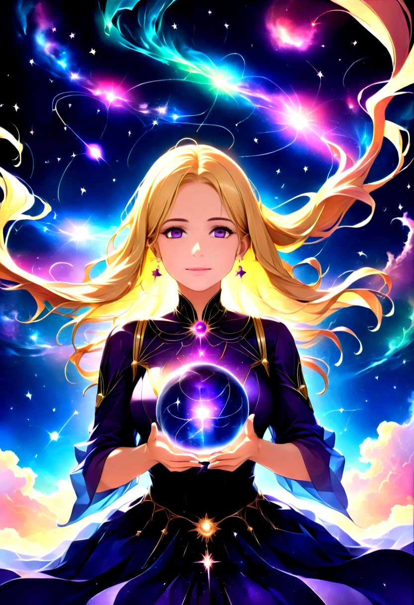 a portrait of an astrologer looking to the sky at libra constellation in the night sky, an extraordinary beautiful woman, there is magic in her eyes divining the future from the Libra constellation, blond hair, dynamic hair style, wearing an intricate dark purple dress decorated with glowing stars, she looks to the night sky seeing the ((Libra constellation in the sky: 1.5)), vibrant, Ultra-high resolution, High Contrast, (masterpiece:1.5), highest quality, Best aesthetics), best details, best quality, highres, 16k, [ultra detailed], masterpiece, best quality, (extremely detailed), Cinematic Hollywood Film, magical sky, FireMagicAI, dark novel