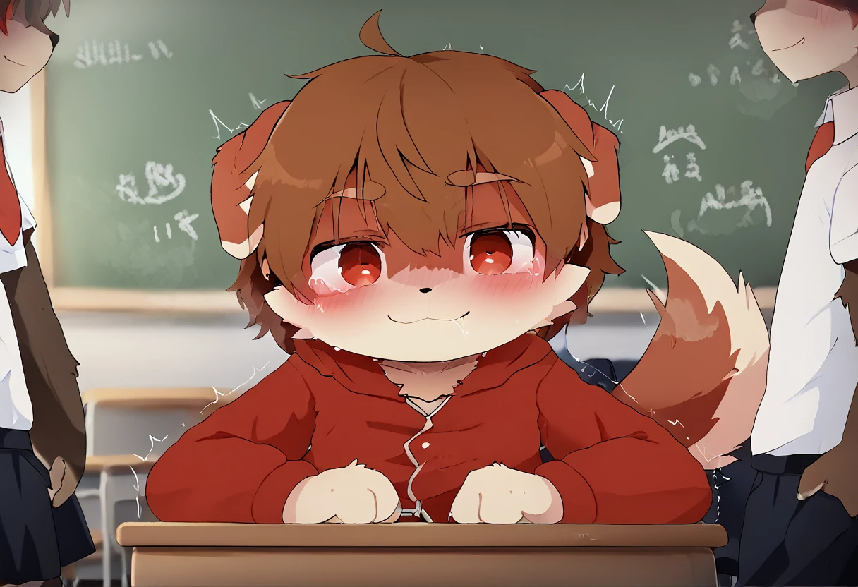 A male dog have fur brown with red colour eyes, wear student uniform, get fuck by people with body trembling, Satisfied face in school 