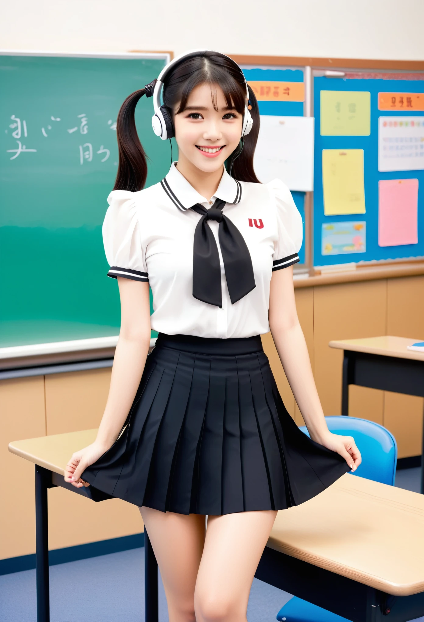 IU1, Full body photo of an Asian beauty, wearing white short sleeves and black pleated skirt, smiling happily in front of the classroom desk with her hands on top of it. She has high heels, headphones around neck, double ponytails, youthful appearance, charming eyes, fair skin tone, slender legs, soft lighting, and bright colors.