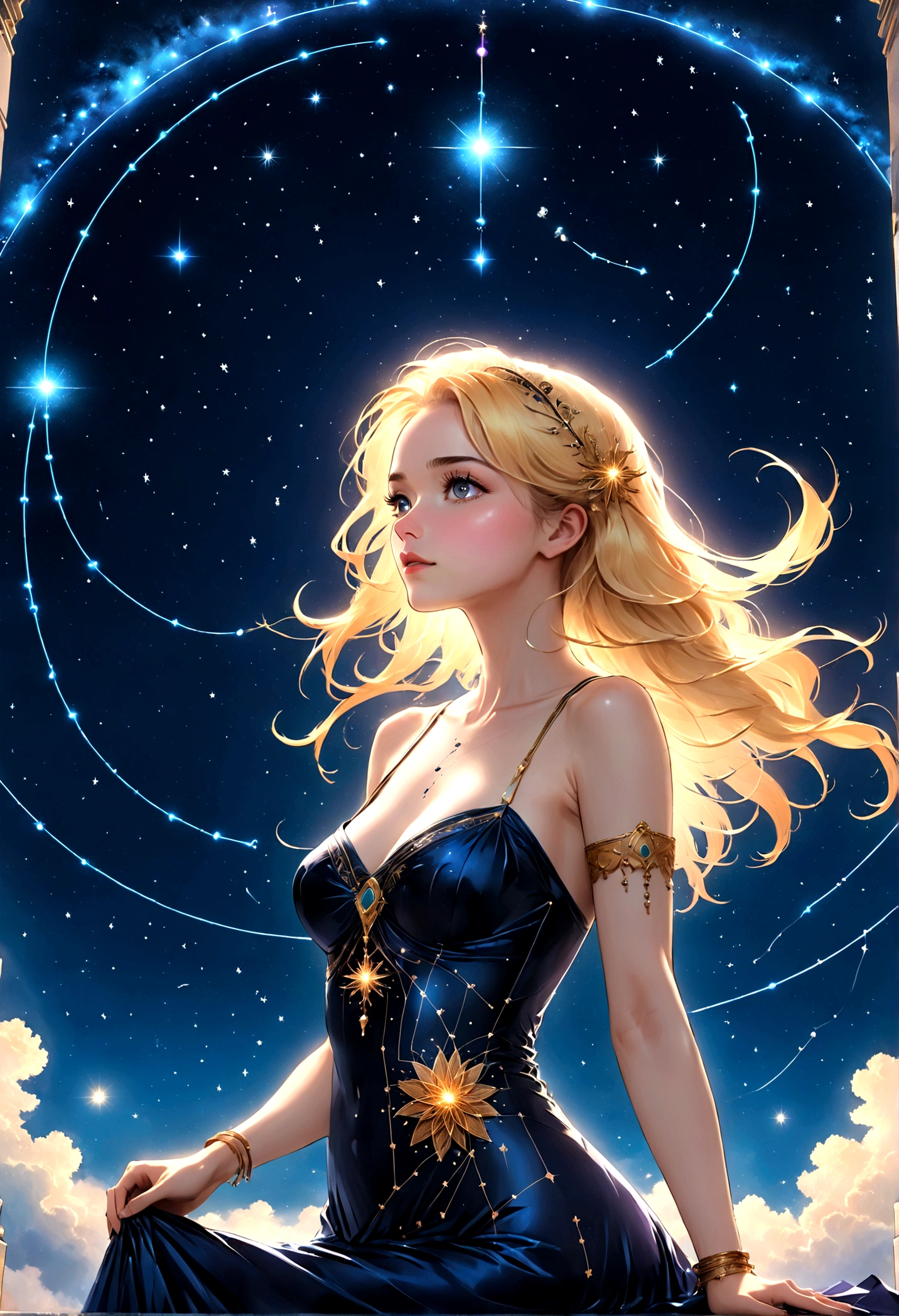 a portrait of an astrologer looking to the sky at libra constellation in the night sky, an extraordinary beautiful woman, there is magic in her eyes divining the future from the Libra constellation, blond hair, dynamic hair style, wearing an intricate dark purple dress decorated with glowing stars, she looks to the night sky seeing the ((Libra constellation in the sky: 1.5)), vibrant, Ultra-high resolution, High Contrast, (masterpiece:1.5), highest quality, Best aesthetics), best details, best quality, highres, 16k, [ultra detailed], masterpiece, best quality, (extremely detailed), Cinematic Hollywood Film, magical sky, FireMagicAI, dark novel