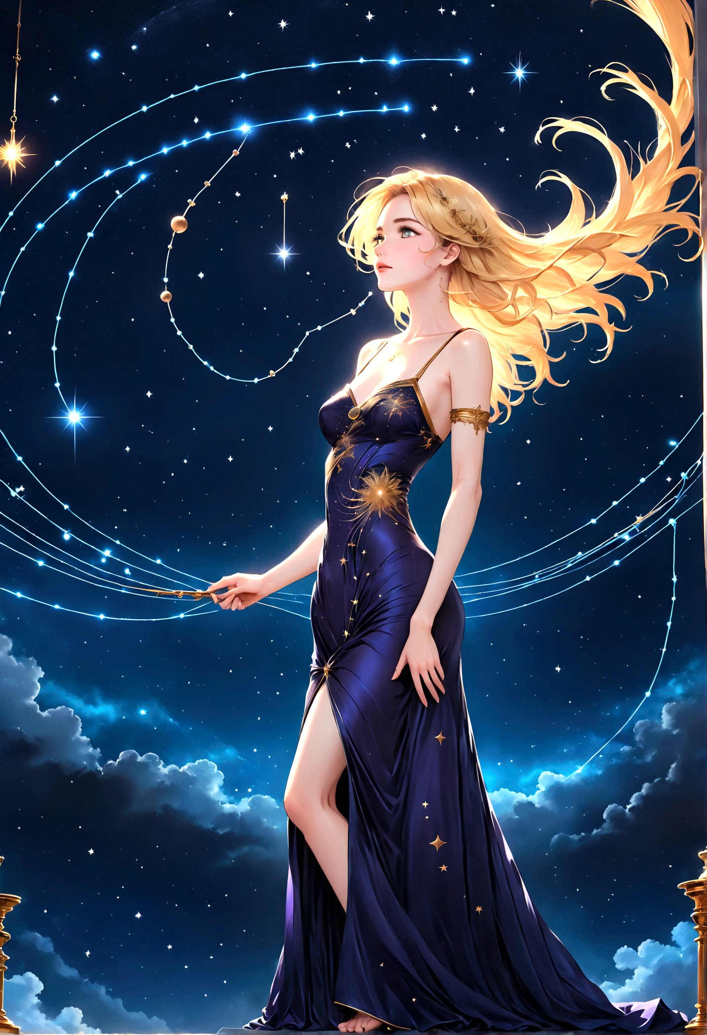 a portrait of an astrologer looking to the sky at libra constellation in the night sky, an extraordinary beautiful woman, there is magic in her eyes divining the future from the Libra constellation, blond hair, dynamic hair style, wearing an intricate dark purple dress decorated with glowing stars, she looks to the night sky seeing the ((Libra constellation in the sky: 1.5)), vibrant, Ultra-high resolution, High Contrast, (masterpiece:1.5), highest quality, Best aesthetics), best details, best quality, highres, 16k, [ultra detailed], masterpiece, best quality, (extremely detailed), Cinematic Hollywood Film, magical sky, FireMagicAI, dark novel