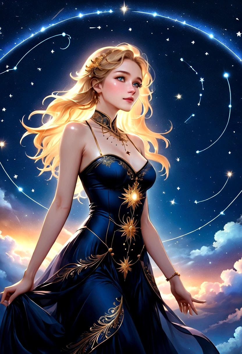 a portrait of an astrologer looking to the sky at ((libra constellation: 1.5)) in the night sky, an extraordinary beautiful woman, there is magic in her eyes divining the future from the Libra constellation, blond hair, dynamic hair style, wearing an intricate dark red dress decorated with glowing stars, she looks to the night sky seeing the ((Libra constellation in the sky: 1.5)), vibrant, Ultra-high resolution, High Contrast, (masterpiece:1.5), highest quality, Best aesthetics), best details, best quality, highres, 16k, [ultra detailed], masterpiece, best quality, (extremely detailed), Cinematic Hollywood Film, magical sky, FireMagicAI, dark novel