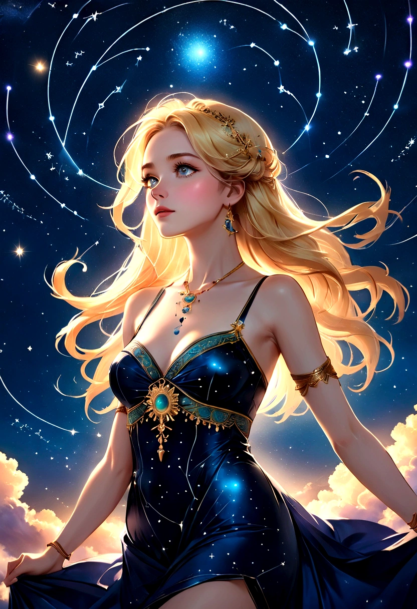 a portrait of an astrologer looking to the sky at ((libra constellation: 1.5)) in the night sky, an extraordinary beautiful woman, there is magic in her eyes divining the future from the Libra constellation, blond hair, dynamic hair style, wearing an intricate dark red dress decorated with glowing stars, she looks to the night sky seeing the ((Libra constellation in the sky: 1.5)), vibrant, Ultra-high resolution, High Contrast, (masterpiece:1.5), highest quality, Best aesthetics), best details, best quality, highres, 16k, [ultra detailed], masterpiece, best quality, (extremely detailed), Cinematic Hollywood Film, magical sky, FireMagicAI, dark novel