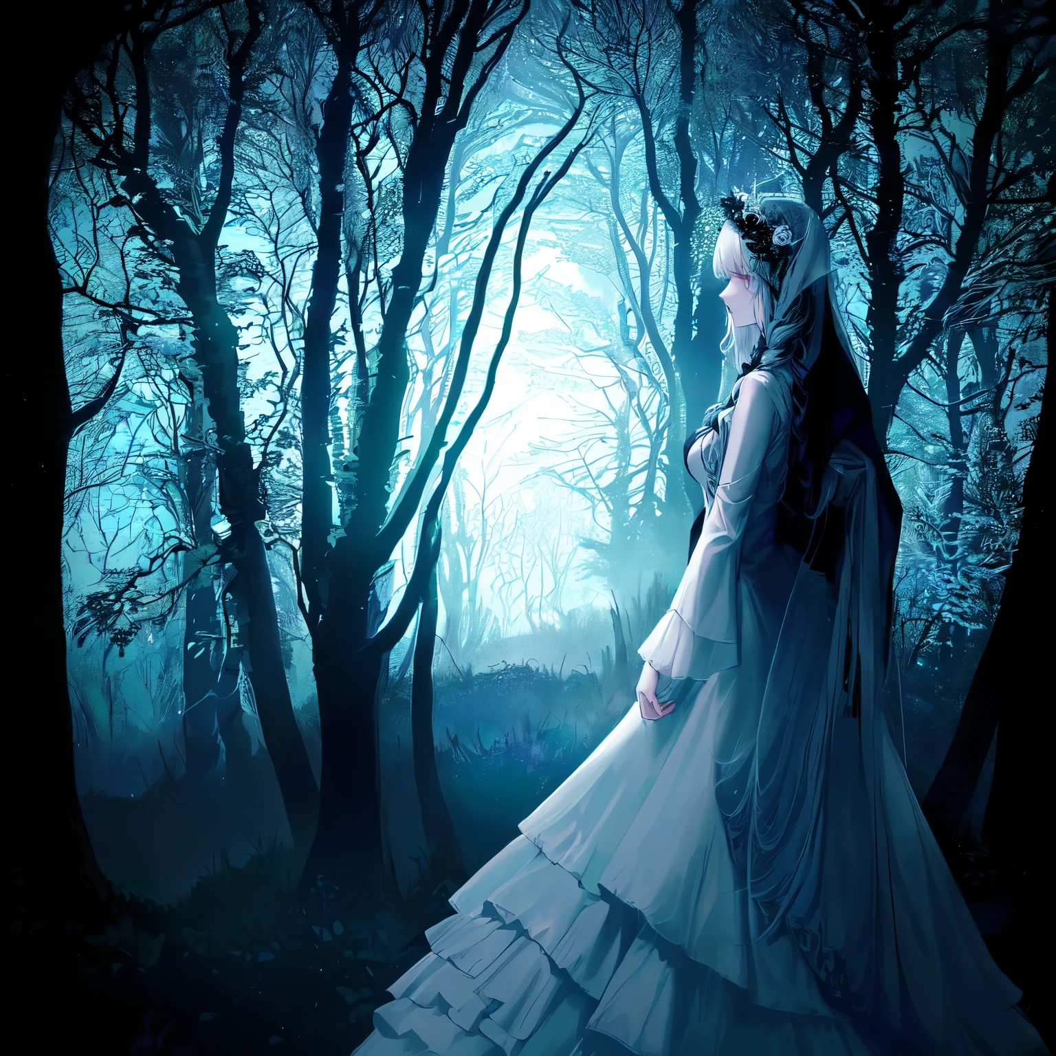 Arafed woman in a white dress in a dark forest., Woman in a dark forest, Gothic ghost maiden, Witch in the forest, The crybaby, gothic maiden of the dark, White Witch, haunting beautiful young woman, gothic maiden, Hooded woman, mysterious woman, Corpse Bride Style, beautiful with spooky vibes, Girl walking in the dark forest
