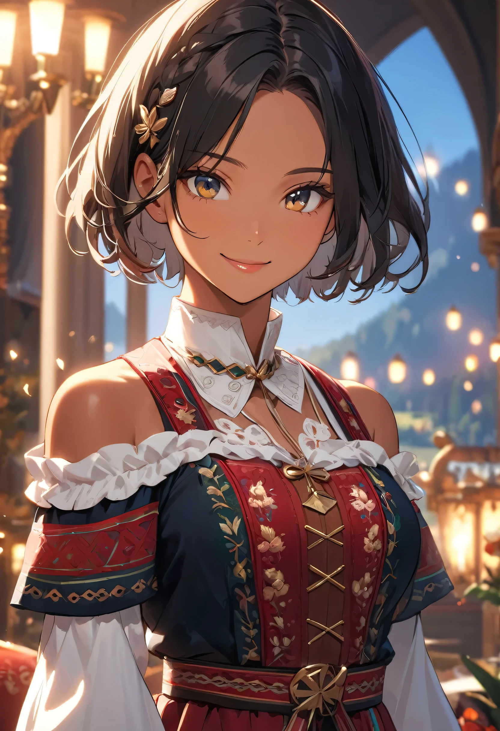 ((top quality)), ((masterpiece)), (detail), high resolution, perfect face, detailed eyes, fine eyes, cinematic lighting, (1 beautiful tan skin girl), black hair, (pixie cut), forehead, shaggy hair, ((Chiemsee Tracht)), Luxurious embroidery, medium breasts, smile,