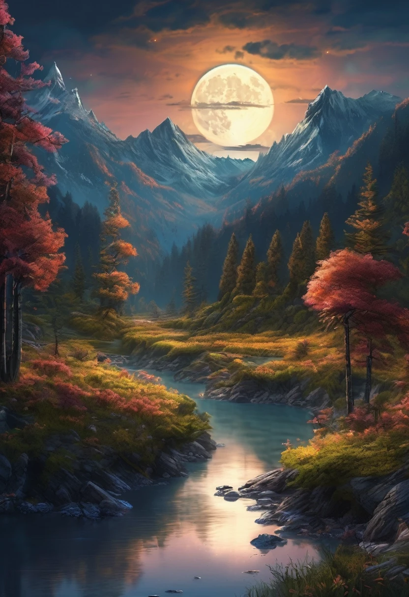 mountains with a river in the foreground and a full moon in the sky, 4k highly detailed digital art, 8k stunning artwork, 4k detailed digital art, beautiful art uhd 4 k, epic dreamlike fantasy landscape, impressive fantasy landscape, 8k high quality detailed art, digital art 8k, digital art 8 k, mystical fantasy landscape, amazing mobile wallpaper