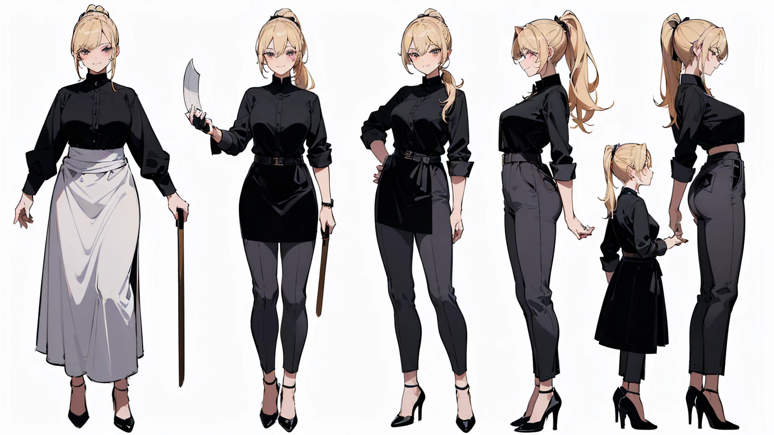 (((character sheet, character design))), ((UHD, High details, masterpiece)), (mature woman, butcher), (fancy appearance, simple clothing:1.2), blonde pixie with a long ponytail, ((black shirt, velvet slim trousers, high heels)), large leather apron, wielding meat cleaver, (standing tall in welcoming pose with a warm smile), (((white background)))