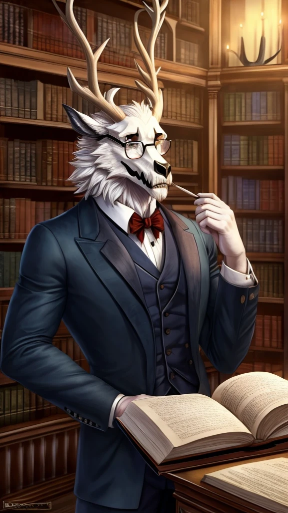 ((detaild)), ((masterpiece)), Furry, teacher,  wendigo, male, muscular, in gentleman clothes, in the forest, furred body, using glasses, in the librarary, flustered.