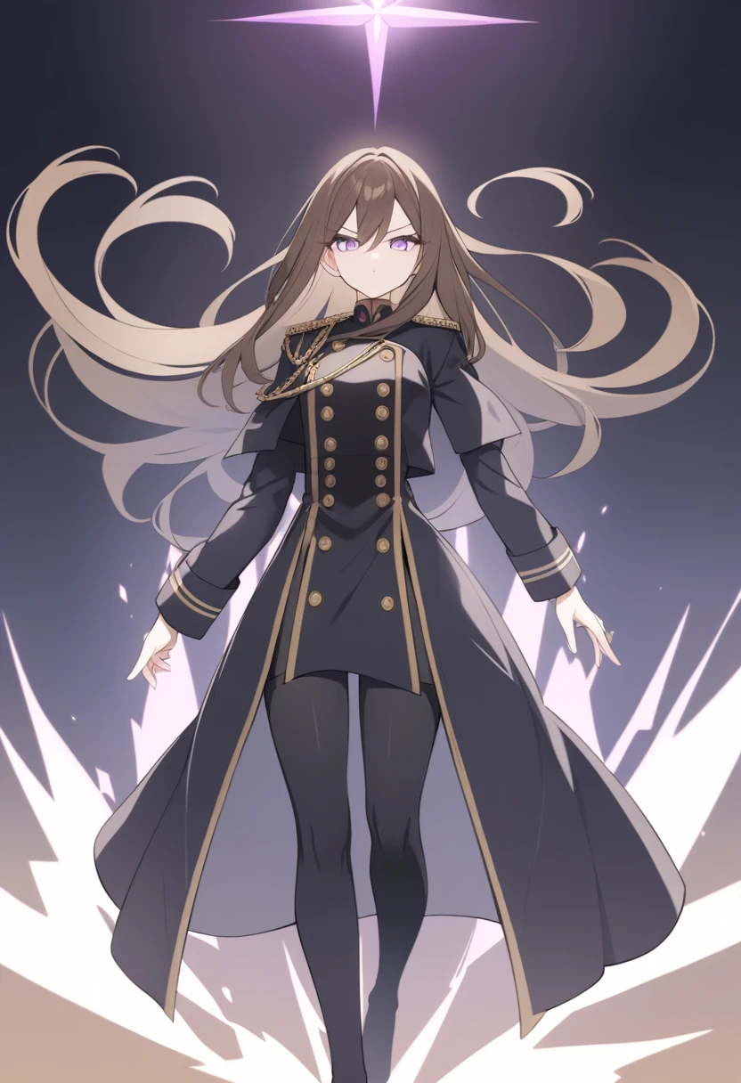 Illustrate a full-body anime girl with long, flowing brown hair, wearing a military uniform under a long black overcoat with gold buttons, styled in a way that accentuates her confident and commanding presence. The character should have sharp, violet determined eyes and a poised expression.