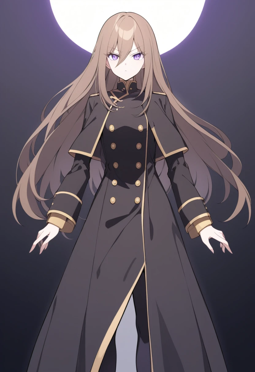 Illustrate a full-body anime girl with long, flowing brown hair,  wearing a military uniform under a long black overcoat with gold buttons, styled in a way that accentuates her confident and commanding presence. The character should have sharp,  violet determined eyes and a poised expression.