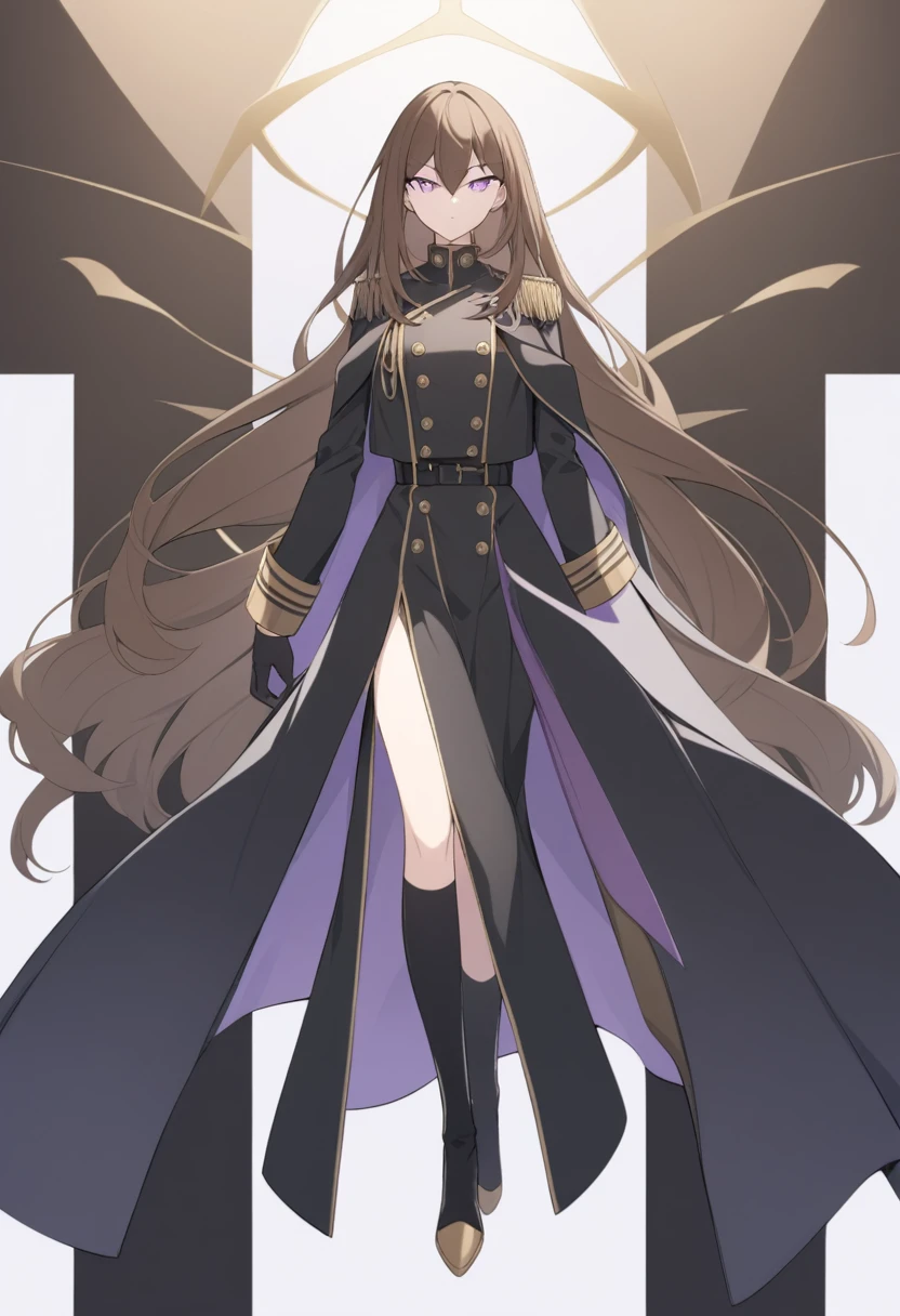 Illustrate a full-body anime girl with long, flowing brown hair, wearing a military uniform under a long black overcoat with gold buttons, styled in a way that accentuates her confident and commanding presence. The character should have sharp, violet determined eyes and a poised expression.