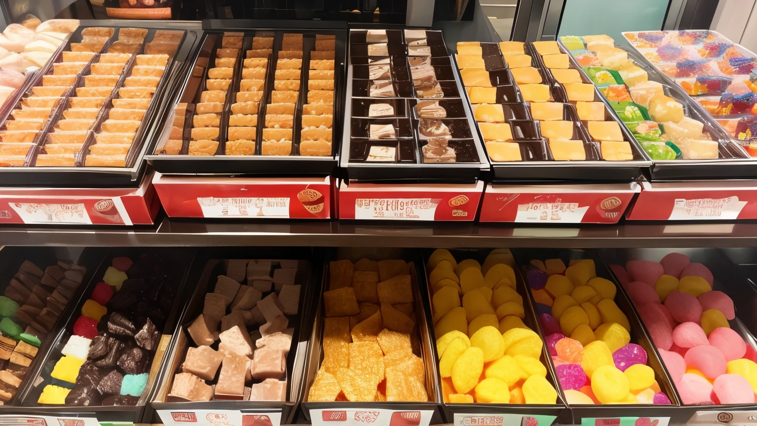 A lot of sweets are lined up、chocolate、marshmallow、Candy、Gummy、Crisps