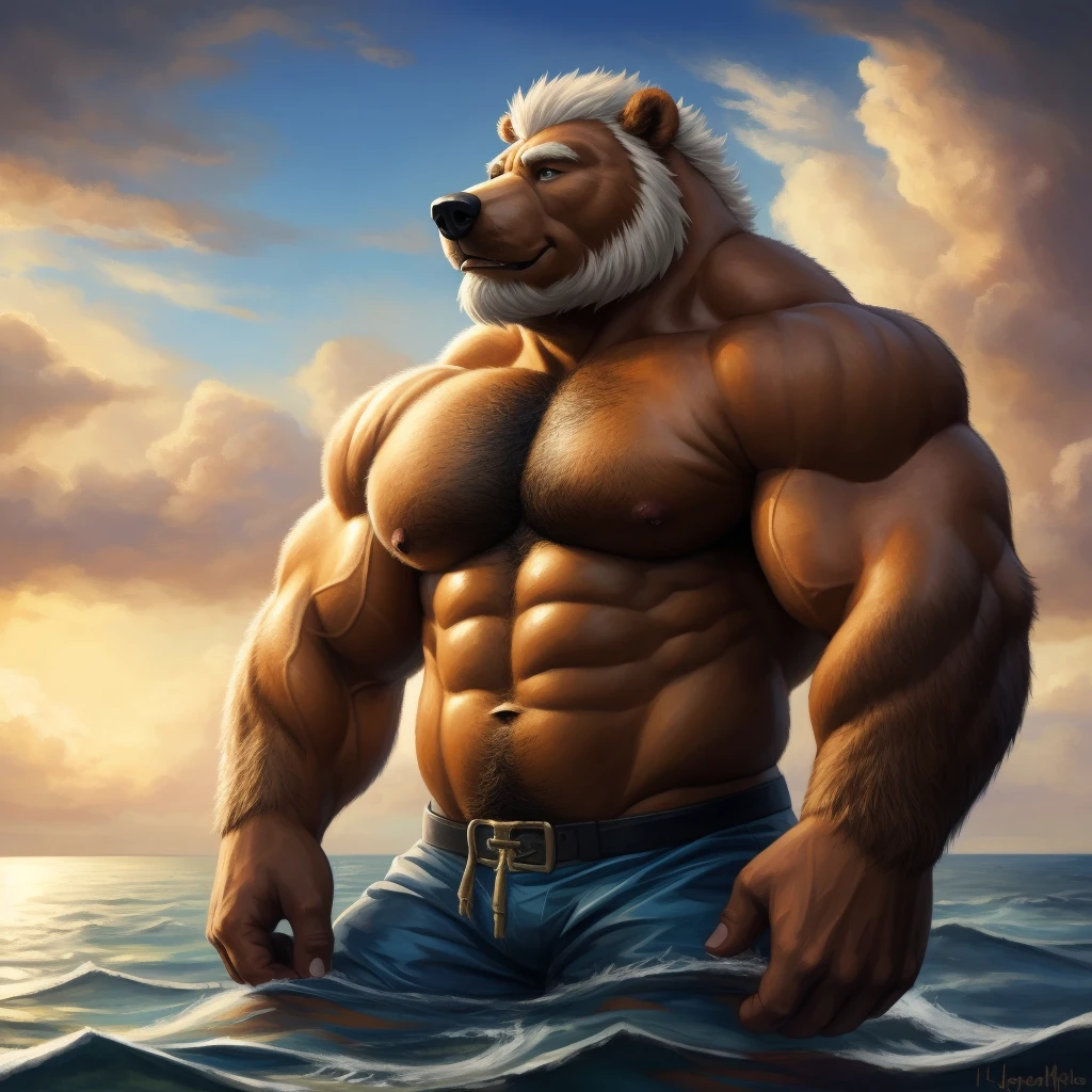 a huge muscular furry Grizzly bear old man swimming in sea, huge shoulder muscle , shirtless, muscle, strong man, strong bear, huge muscle, short hair, bearded, white hair and beard, , thick heavy brown fur, wrinkles skinned, strong muscle, strong and intimidated, masterpiece, muscular, commission for high res, male, fantasy art, very very beautiful art, art painting , painting art