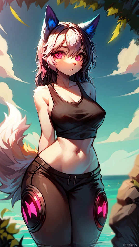 Furry kitsune wolf protogen   female anthropomorphic white fur pink eyes blue ears wearing a black tank top and black shorts  medium breast size 