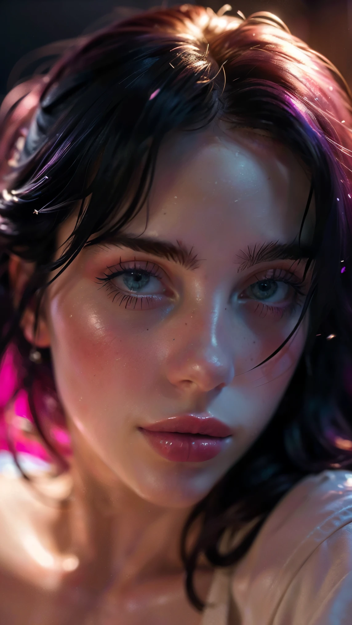 (((ultra realistic))) Photo, Masterpiece, Superior quality, (pale skin), (ultra detailed face and eyes.:1.3), 1 girl, adult, on a t-shirt, ((eye makeup, pink mascara)), ((SMILE)), ((big detailed lips)), ((rosa wavy hair)), ((Chiolka)) , (natural breasts), thin waist. ((posing)), Sesión de Photos, studio (soft lighting), (The game of lights and shadows), depth of field, bokeh, (Special attention to leather details.: 1.2), detailed leather texture, skin pores. (Warm frame environment.. Color range: violet, rosa, blue tones), DR, ((film grain)), ((good heavens)), (Glare), ((portrait from the waist up)) , ultra detialed,