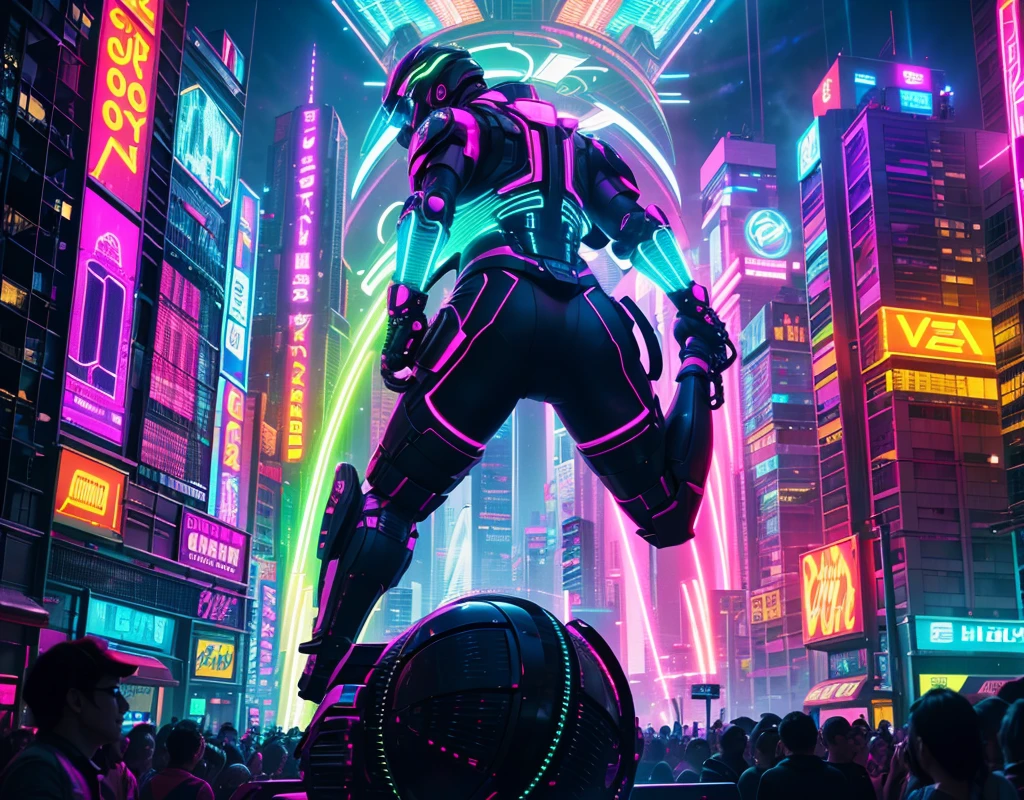 Create a futuristic cityscape illuminated by vibrant neon lights. The scene should feature towering skyscrapers with glowing billboards, laser beams cutting through the night sky, and a dynamic atmosphere filled with electric energy. Incorporate elements like flying drones, holographic advertisements, and a bustling crowd enjoying the city's nightlife. The colors should be vivid, with a mix of electric blue, neon pink, and bright green, creating a mesmerizing and high-tech environment that perfectly complements the energy of club music.