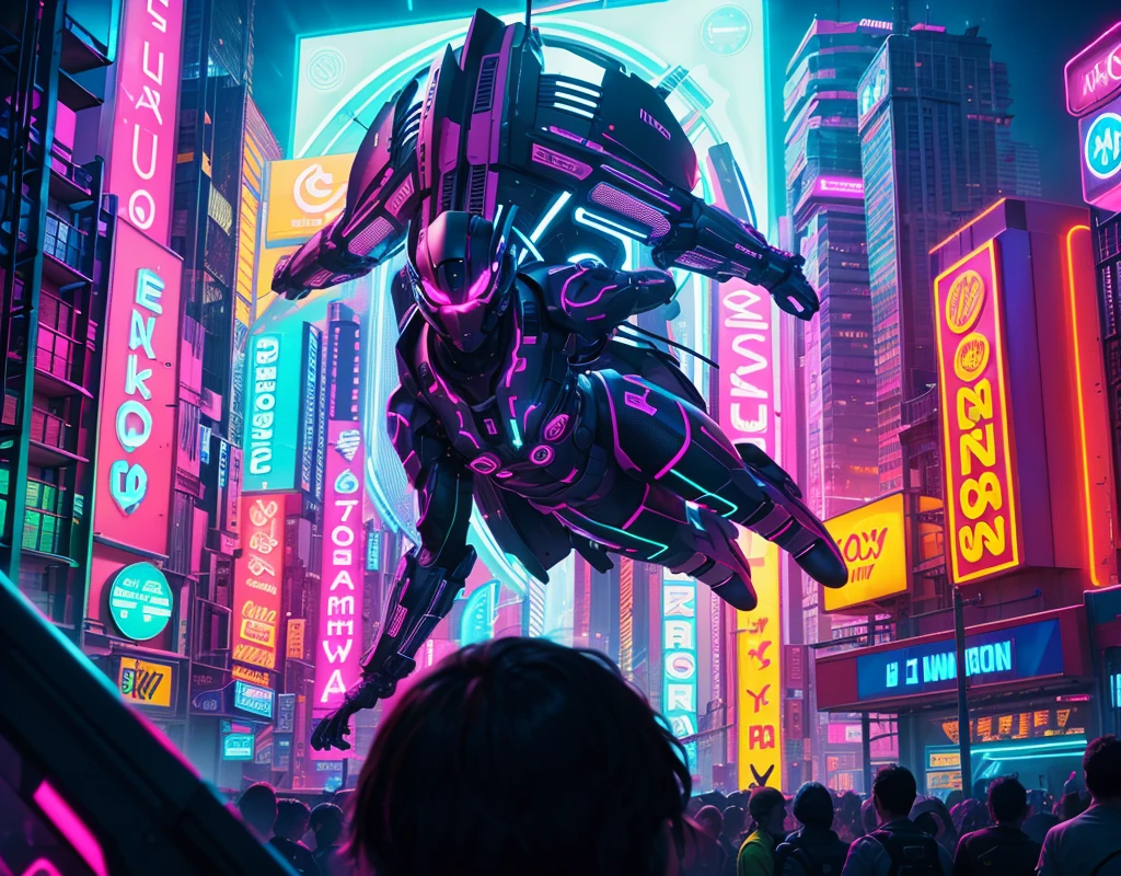Create a futuristic cityscape illuminated by vibrant neon lights. The scene should feature towering skyscrapers with glowing billboards, laser beams cutting through the night sky, and a dynamic atmosphere filled with electric energy. Incorporate elements like flying drones, holographic advertisements, and a bustling crowd enjoying the city's nightlife. The colors should be vivid, with a mix of electric blue, neon pink, and bright green, creating a mesmerizing and high-tech environment that perfectly complements the energy of club music.