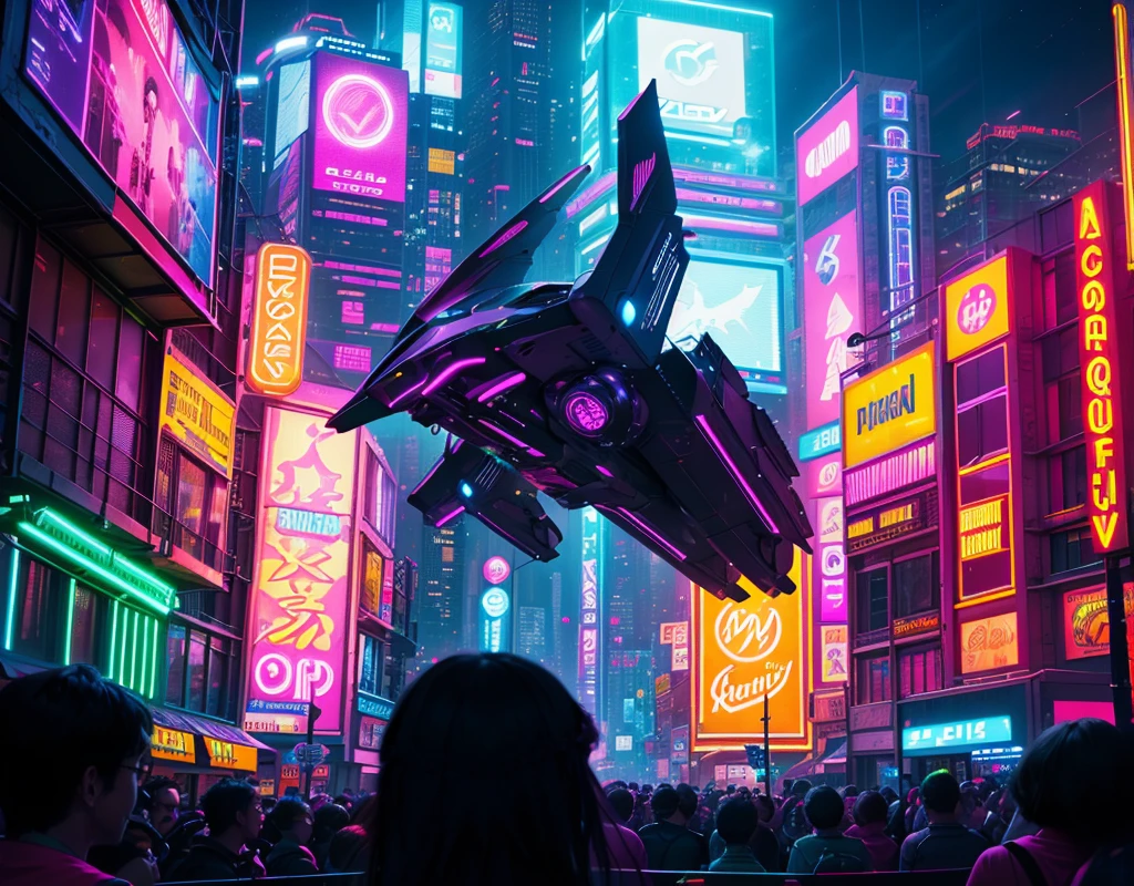 Create a futuristic cityscape illuminated by vibrant neon lights. The scene should feature towering skyscrapers with glowing billboards, laser beams cutting through the night sky, and a dynamic atmosphere filled with electric energy. Incorporate elements like flying drones, holographic advertisements, and a bustling crowd enjoying the city's nightlife. The colors should be vivid, with a mix of electric blue, neon pink, and bright green, creating a mesmerizing and high-tech environment that perfectly complements the energy of club music.