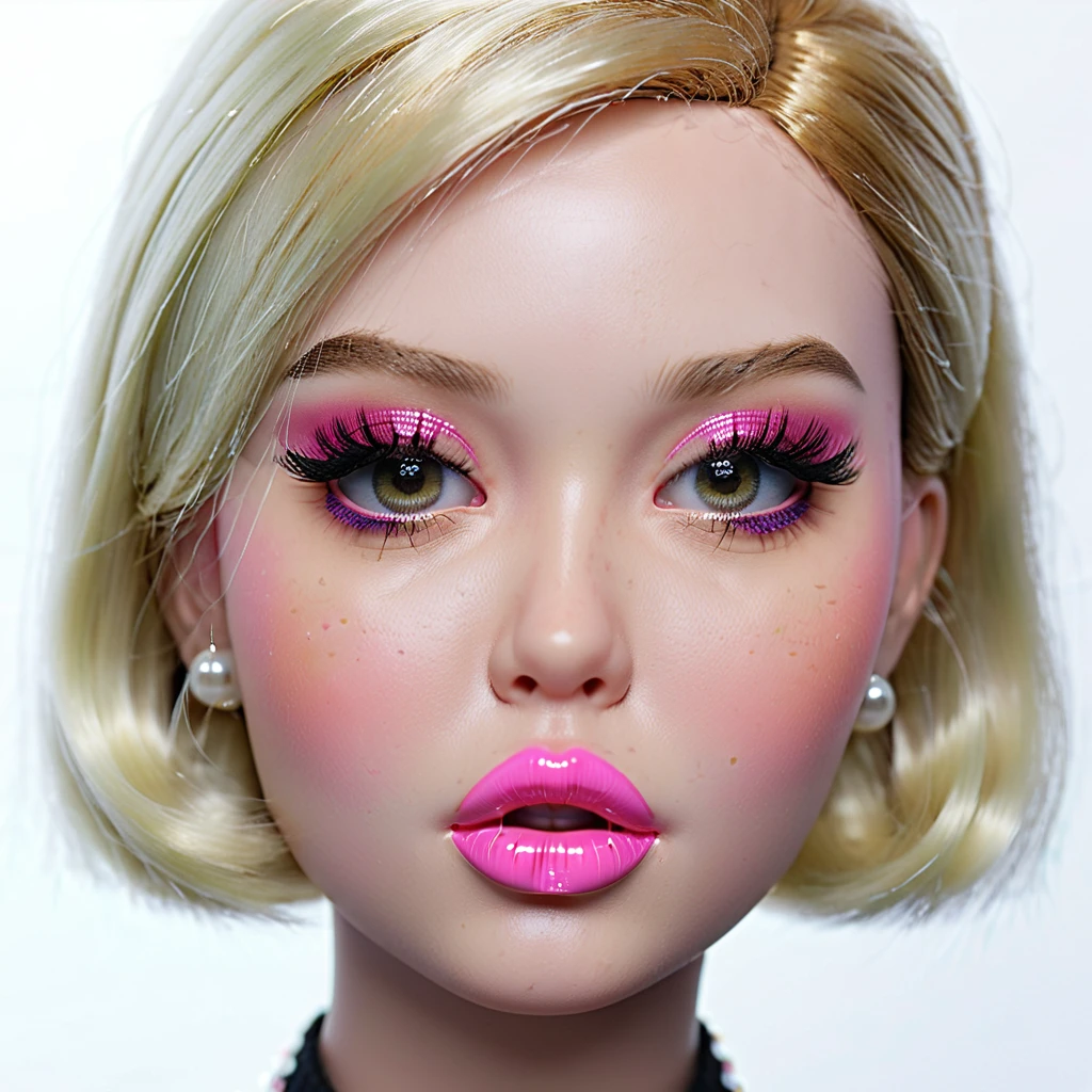 extremely detailed, high quality, realistic, photorealistic, 8k, masterpiece, bimbo doll, extreme huge plastic lips, huge eyelashes, pink lipgloss, open mouth, short blonde hair, plastic face