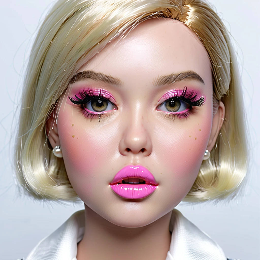 extremely detailed, high quality, realistic, photorealistic, 8k, masterpiece, bimbo doll, extreme huge plastic lips, huge eyelashes, pink lipgloss, open mouth, short blonde hair, plastic face