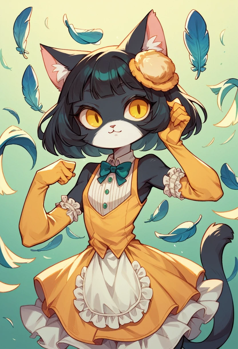 Solo female anthro , furry, tuxedo cat, black bob cut hair, , yellow eyes, 1920's fashion, flapper girl,Gathered front, long gloves, 2 feathers strappy, shaped mini dress Gathered front, long gloves, 2 feathers

