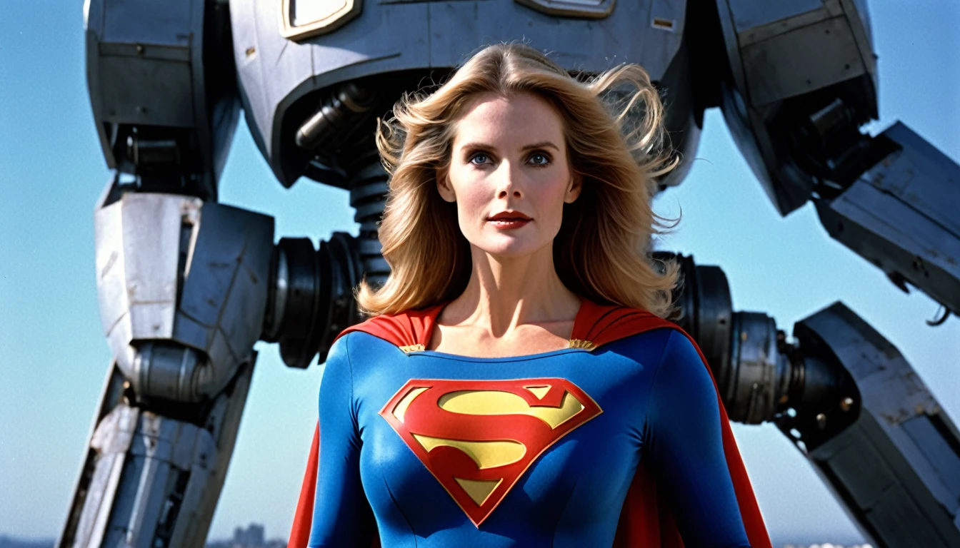 action scene; Julie Hagerty Supergirl 1984 x giant robot; HD. Photograph, ((realism)), extremely high quality RAW photograph, ultra detailed photograph, sharp focus, high resolution, (detailed skin:1,3),high quality, film grain, Fujifilm XT3,Highly Detailed, movie, (Cinematic Photo:1.3) of (Realistic:1.3)
