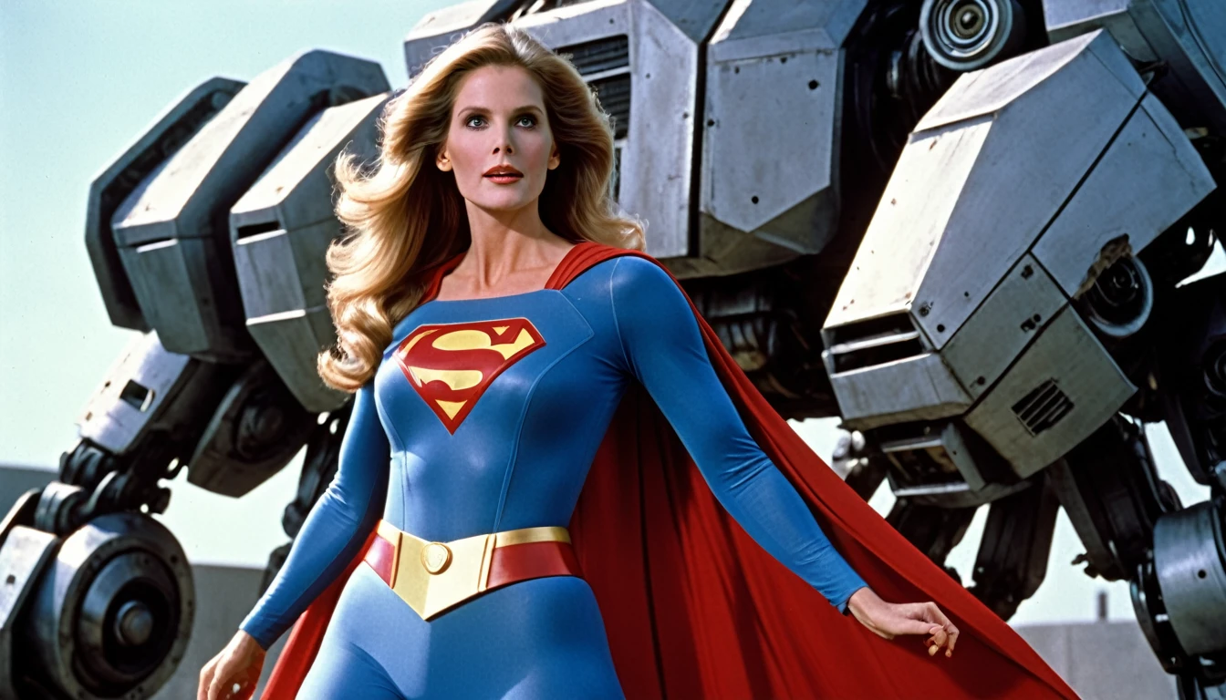 action scene; Julie Hagerty Supergirl 1984 x giant robot; HD. Photograph, ((realism)), extremely high quality RAW photograph, ultra detailed photograph, sharp focus, high resolution, (detailed skin:1,3),high quality, film grain, Fujifilm XT3,Highly Detailed, movie, (Cinematic Photo:1.3) of (Realistic:1.3)