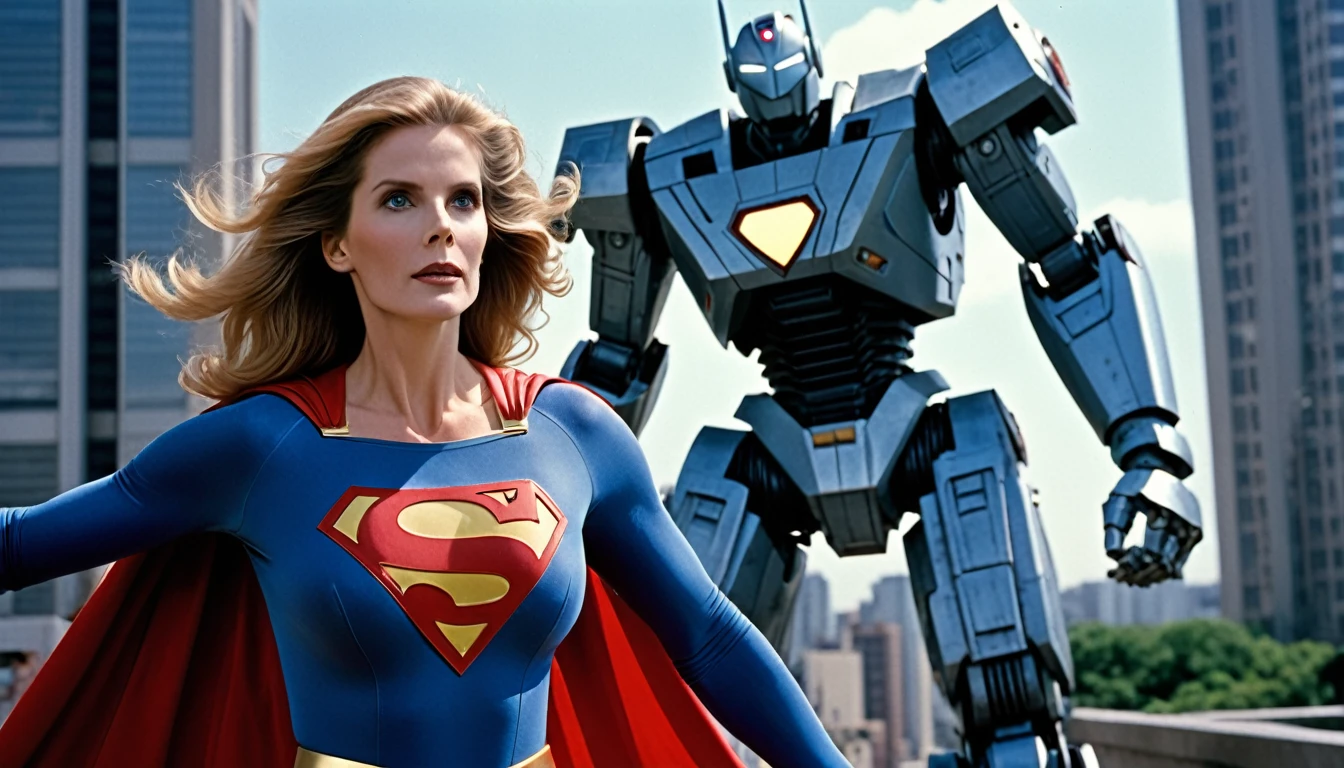 action scene; Julie Hagerty Supergirl 1984 x giant robot; HD. Photograph, ((realism)), extremely high quality RAW photograph, ultra detailed photograph, sharp focus, high resolution, (detailed skin:1,3),high quality, film grain, Fujifilm XT3,Highly Detailed, movie, (Cinematic Photo:1.3) of (Realistic:1.3)