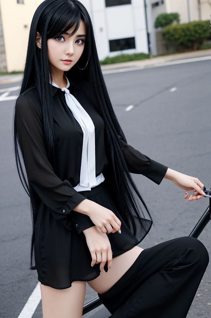 29 year old anime girl with long black hair and violet blue eyes dressed in black and blouse