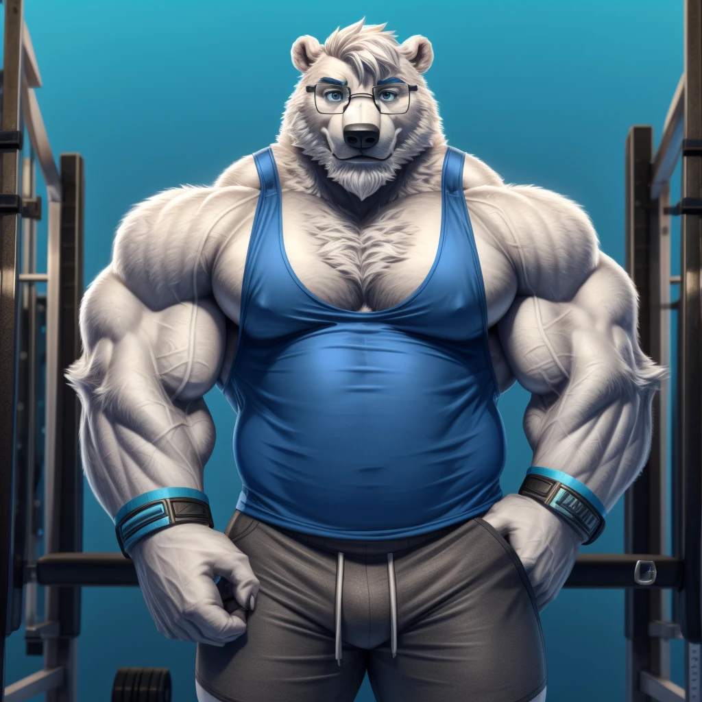 solo, 1boy, Huge Muscular old White Polar Bear wearing glasses, huge white fur, pectoral, huge pectoral, wide pectoral, short white hair, blue colored short pants, blue colored wristbands and blue colored tank top, white bearded, white Mustache, white fur, simple background, masterpiece, high detailed, 8k, high resolution, at the gym, bicep curls heavyweighted barbell