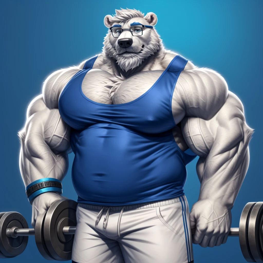 solo, 1boy, Huge Muscular old White Polar Bear wearing glasses, huge white fur, pectoral, huge pectoral, wide pectoral, short white hair, blue colored short pants, blue colored wristbands and blue colored tank top, white bearded, white Mustache, white fur, simple background, masterpiece, high detailed, 8k, high resolution, at the gym, bicep curls heavyweighted barbell